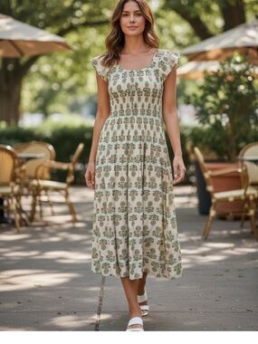 NWT 100% Cotton FloralSmocked Midi Dress in Cream and Green